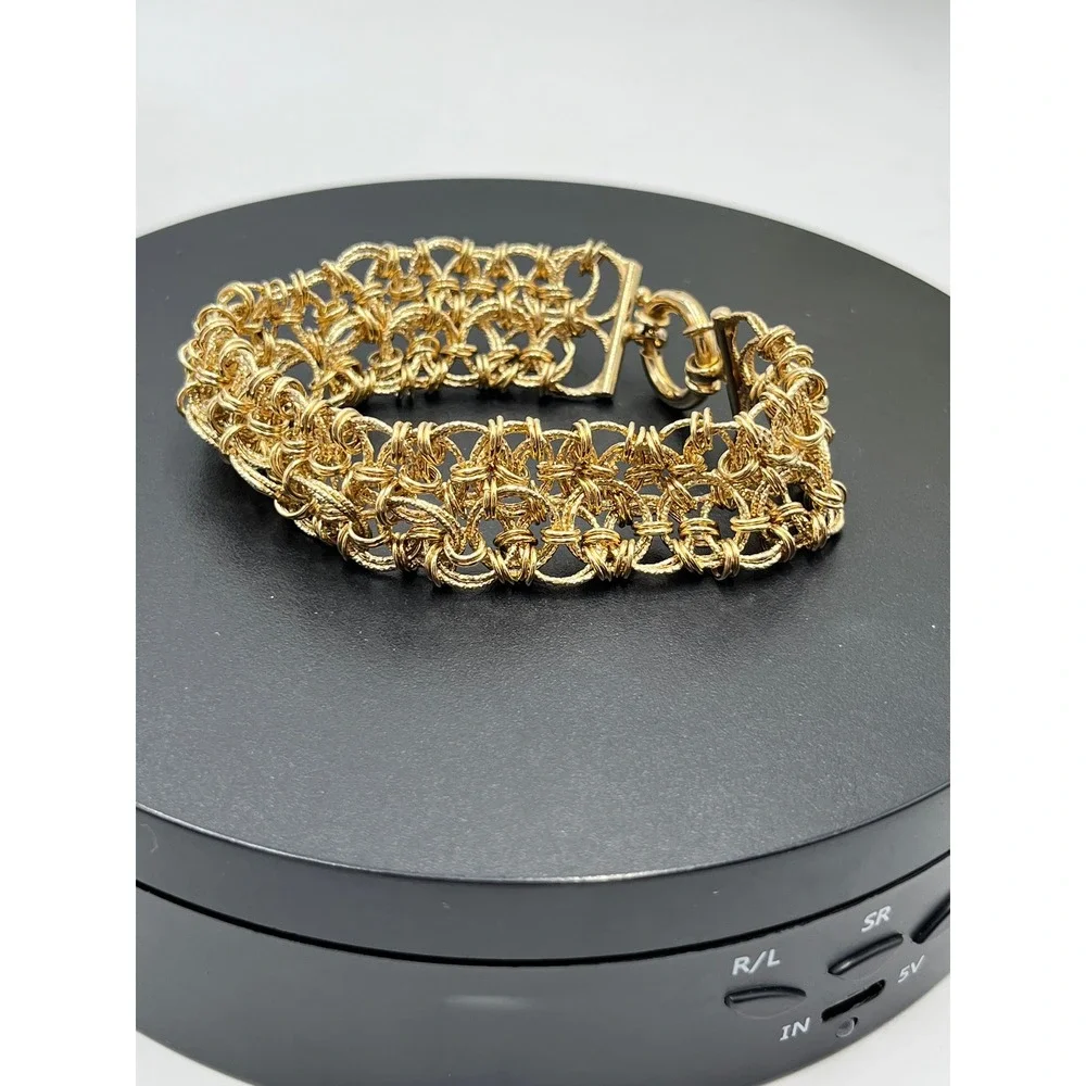 OT Turkey Vintage 925 Gold 14k Vermeil Wide Woven Mesh Bracelet Size 7.5 (15g)